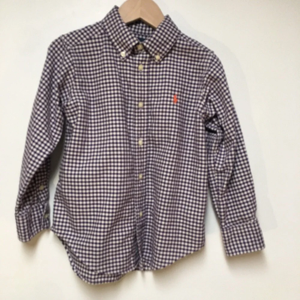 Ralph Lauren Button Down Shirt Boys 4/4T Purple Gingham Long Sleeve Pony Logo